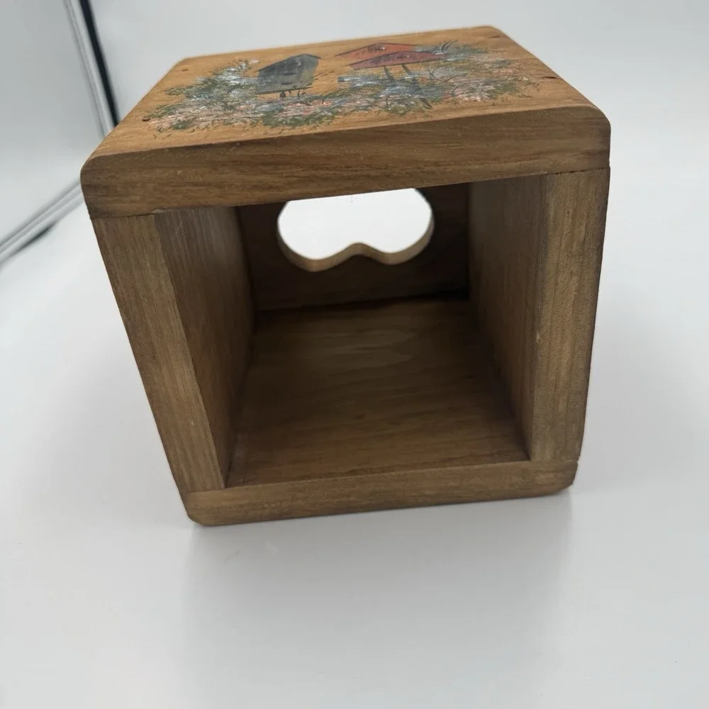Vintage Hand Painted Wooden Heart Tissue Box Cover Birdhouse Folk Art 6x6